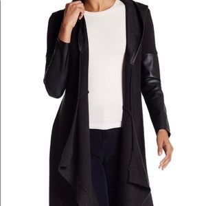 Black hooded cardigan with leather detail